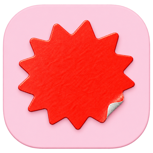 Bam's app icon: a textured red burst sticker with a peeled corner on a matte pink tile